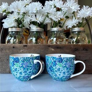 Lilly Pulitzer•Set of Two (2)•“High Manetenance” Iris Blue Floral Mugs•16 fl oz